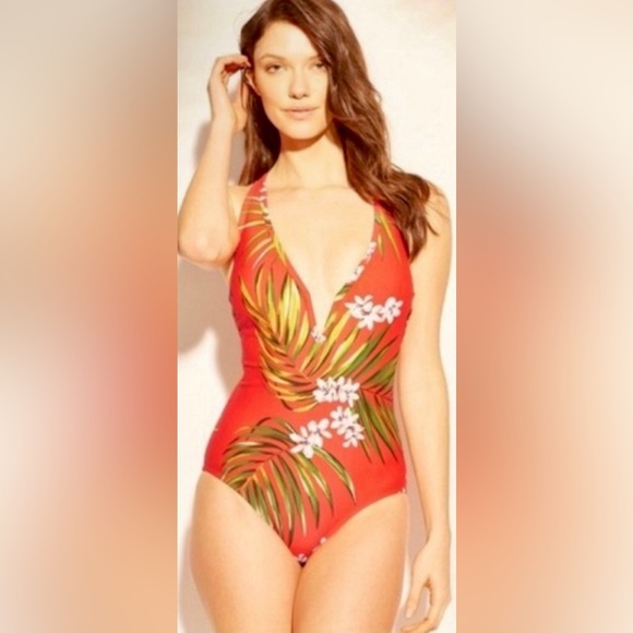 Kona Sol Coral Floral One Piece Strappy Back Swimsuit Size Large NWOT - Picture 2 of 9